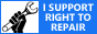 A blue button with a black hand holding a wrench. The text reads "I support right to repair".